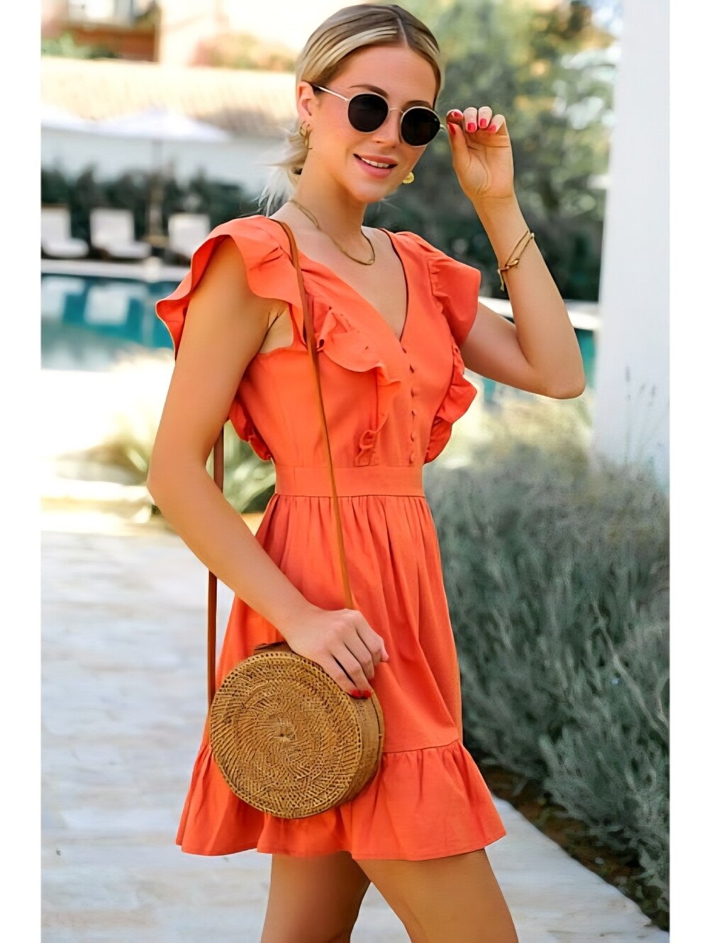 Pumpkin Spice Orange Mini Dress With Ruffles Flutter Sleeves - Picture 3 of 4